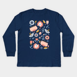 Folk Art Florals in Blue + Pink Kids Long Sleeve T-Shirt